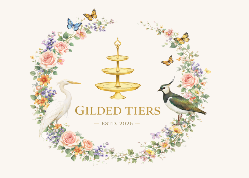 Gilded Tiers — botanical wreath logo with gold tiered stand